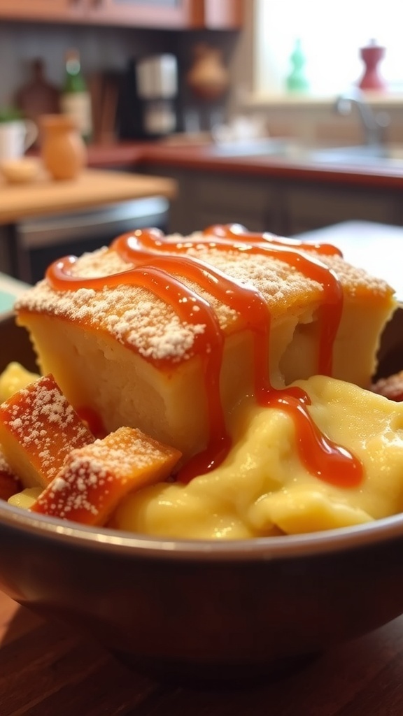 A warm bowl of vanilla bread pudding topped with powdered sugar and caramel sauce, in a cozy kitchen.